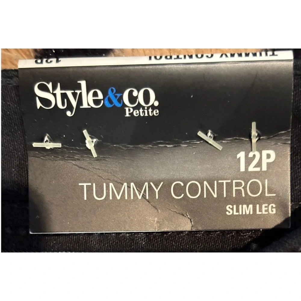 Style & Co Petite‎ Tummy Control Slim Leg Pants Black Embellished Rhinestone 12P